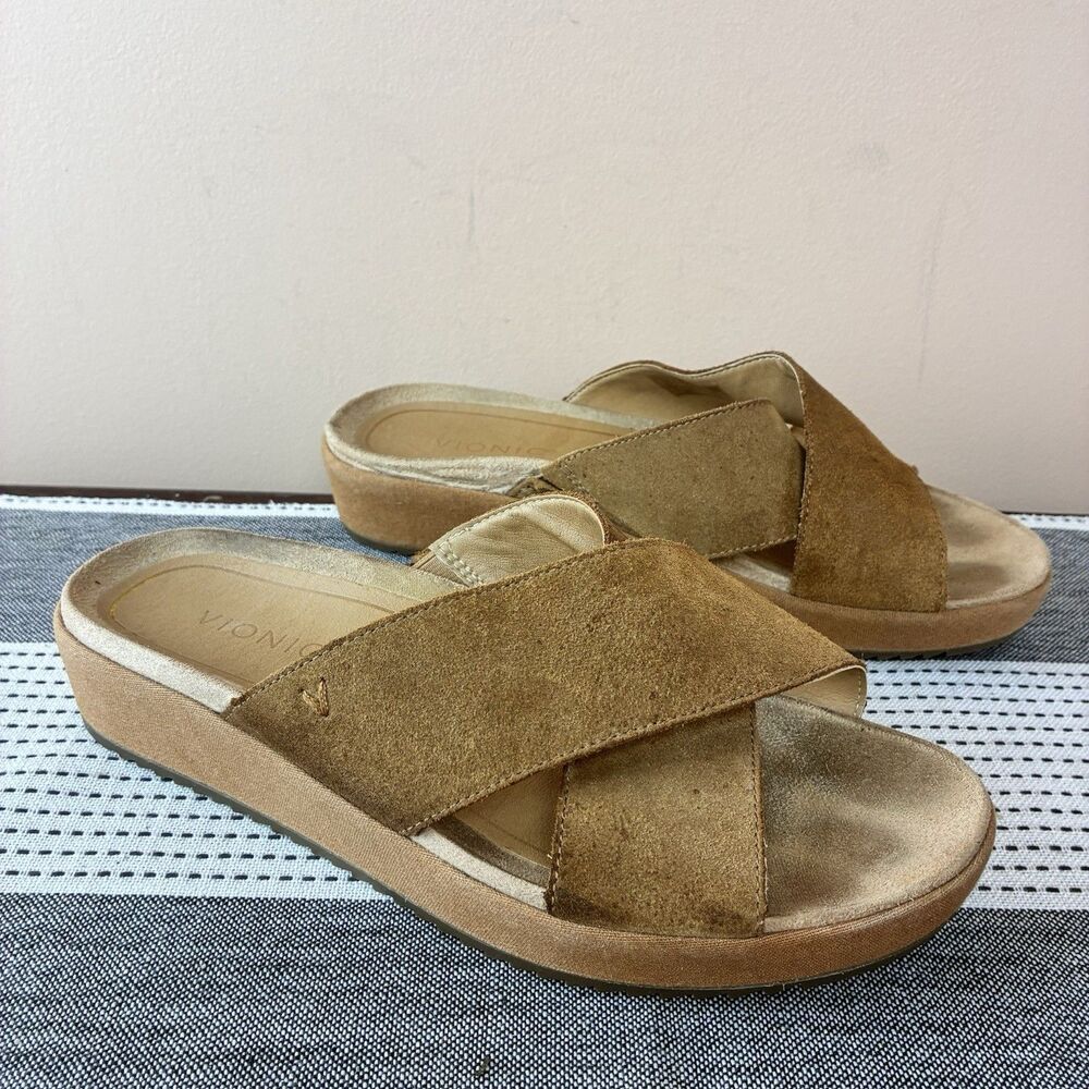 Vionic Hayden Wedge Sandals Women’s  Brown Toffee Suede Slip On Slides Size 9.5 - Picture 2 of 7
